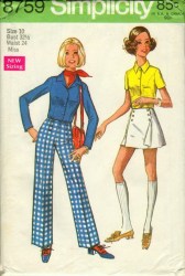 8759 SIMPLICITY 1970 JR SHORT- LONG SLEEVE SHIRT, PANEL PANTSKIRT, PANTS PATTERN 7/8 22" WAIST